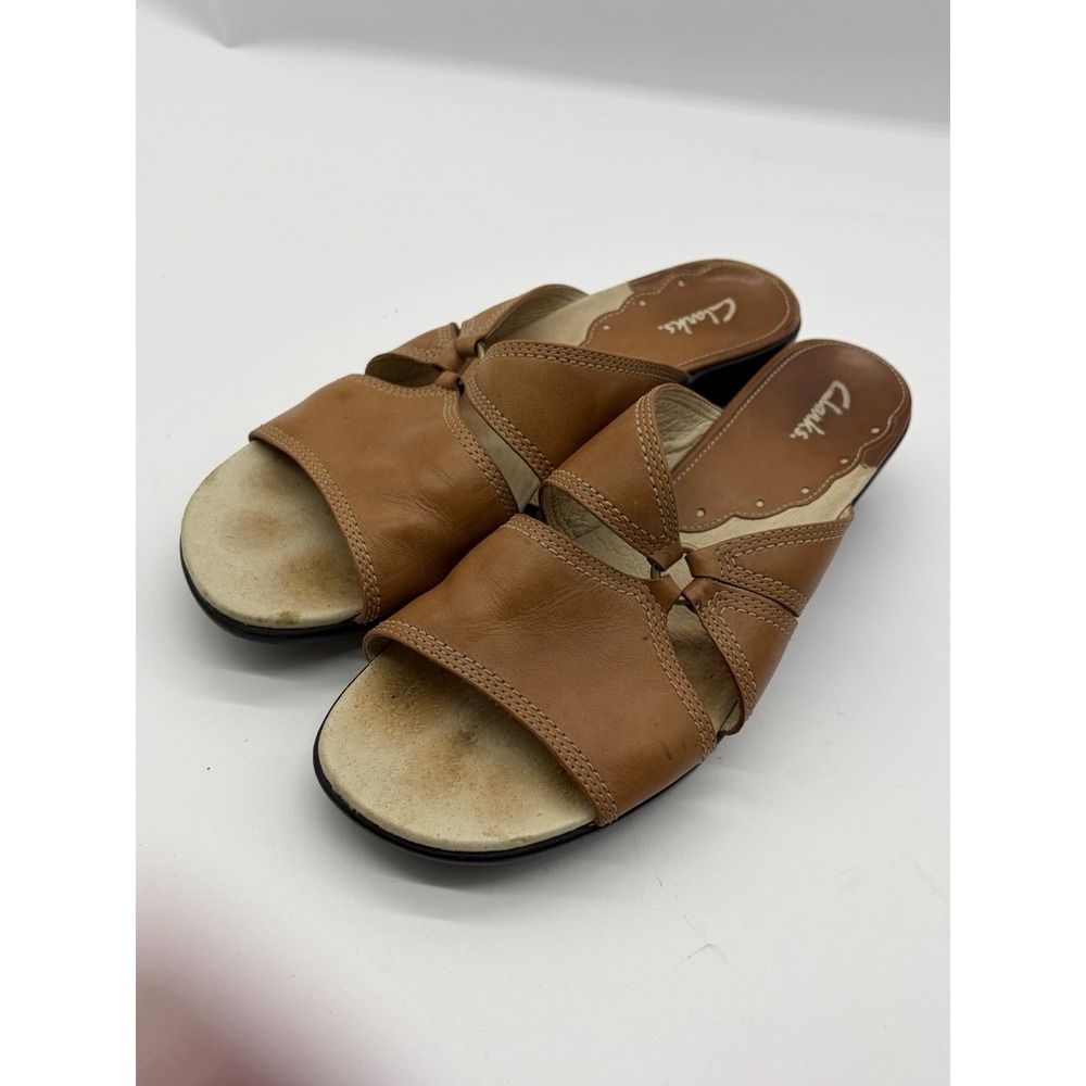 Clarks Women's 9 M Sandals Brown Shoes Slip On Slides Leather Classic Style